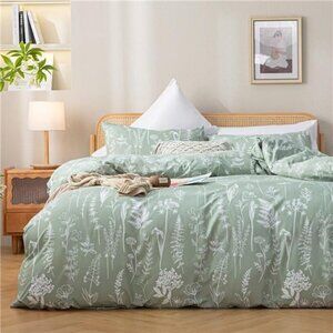 Sage Green Floral Queen Duvet Cover 3 Piece Set with Zipper